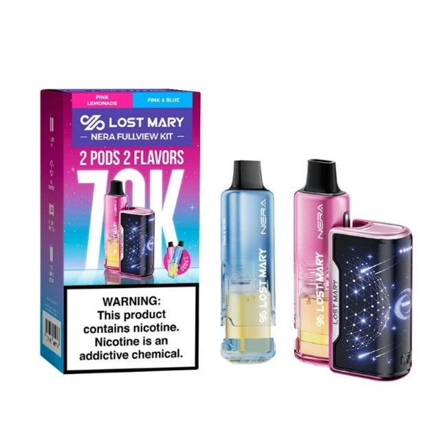 Lost Mary Nera Fullview 70K Kit Pink Lemonade and Pink & Blue disposable vape packaging